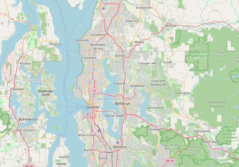 Map of the area around Kirkland, Washington, with a marker on it