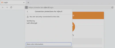 Screenshot of Firefox showing https://mealie.lab.nijho.lt/login with the connection panel open. It says 'You are securely connected to this site' and 'Verified by Let's Encrypt'. The Mealie login page is partly visible behind the panel.