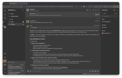 Live MindRoom Personal thread showing the prompt Explain how MindRoom and what you can do, followed by Mind explaining Matrix agents, tools, memory, and skills.
