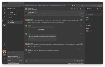 Live MindRoom memory thread showing the generated agent avatars and a public demo where the agent remembers teal as the blog demo accent color.